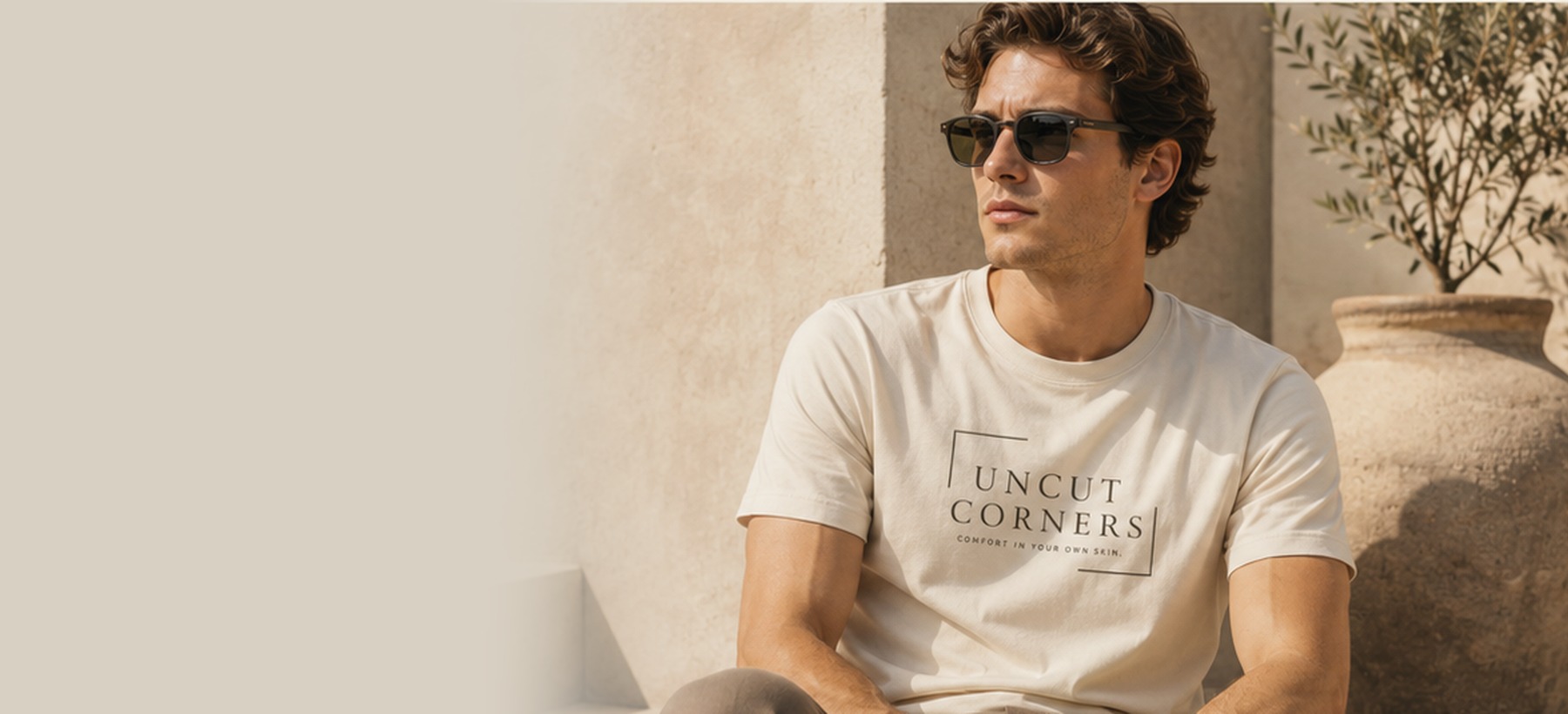 Man wearing the Uncut Corners Drop 001 logo tee