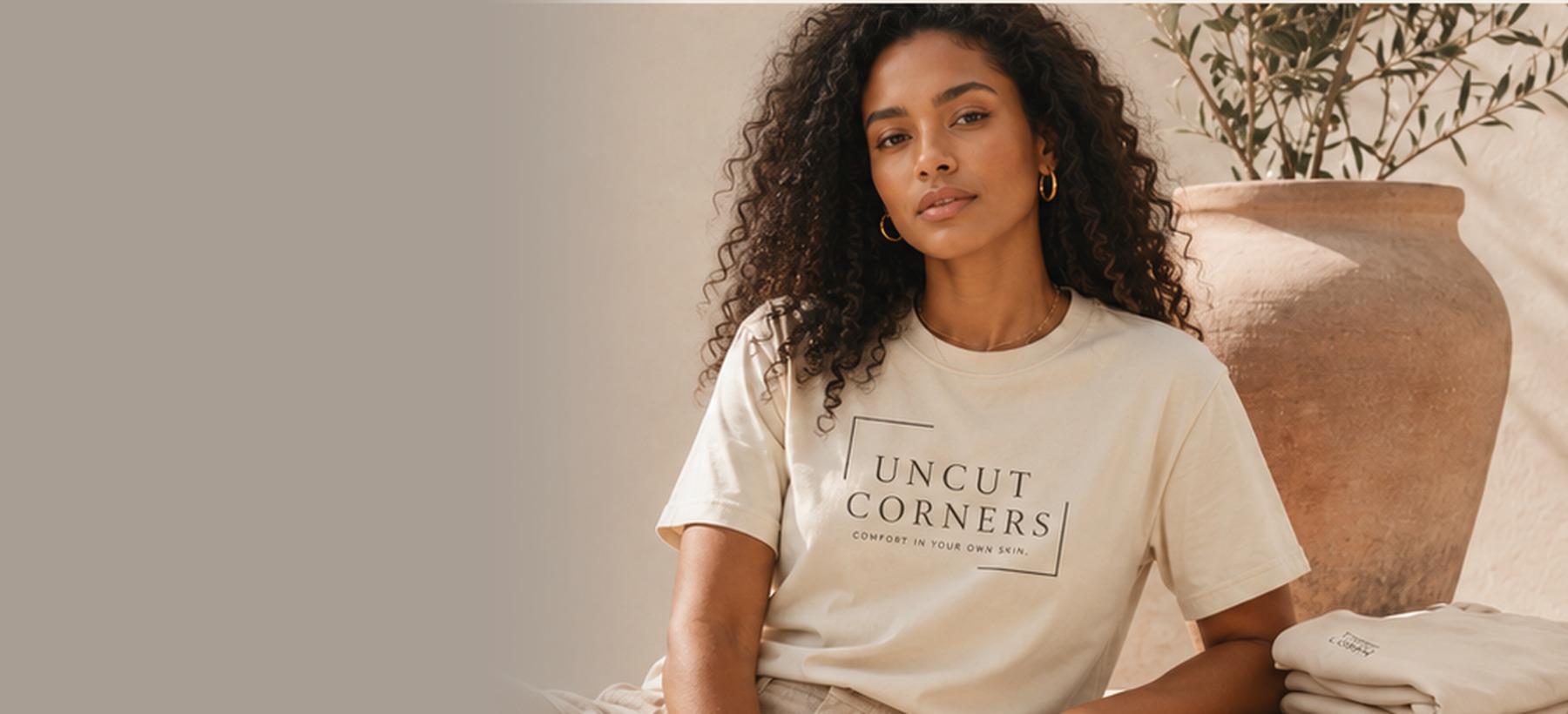 Woman wearing the Uncut Corners Drop 001 logo tee
